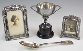 Hallmarked silver items comprising Victorian Irish fiddle pattern dessert spoon, Dublin 1886,