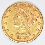 1887 United States of America Liberty head 5 Dollar gold coin, weight 8.31g