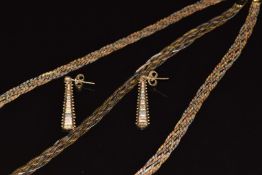 A suite of tricoloured 9ct gold jewellery comprising necklace, bracelet and earrings, 8.4g