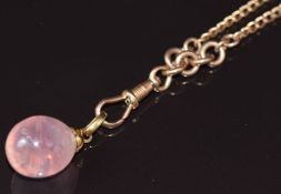 A c1900 9ct rose gold guard chain with rose quartz pendant, 15.2g, 72cm
