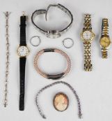 A pair of 9ct white gold earrings (1.9g), cameo, two silver bracelets and watches