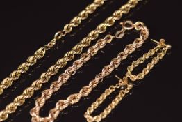 A suite of 9ct gold rope twist jewellery comprising bracelet, necklace and earrings, 18.2g