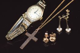 Two pairs of 9ct gold earrings (2.1g), a 9ct gold cross and chain (4.8g 50cm) and a 9ct gold case