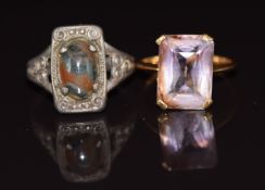A 9ct gold ring set with amethyst (2.9g, size G) and a silver ring set with a moss agate cabochon (