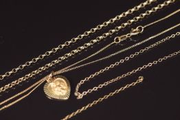 A 9ct gold necklace / chain, 9ct gold St Christopher and two sections of chain, 10.9g
