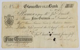 Gloucester Old Bank 1814 provincial Georgian five guinea banknote, serial number 209, for Charles