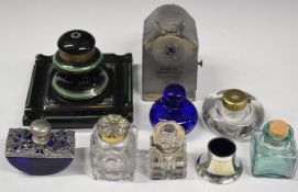 Collection of inkwells, Caran d'Ache Swiss mechanical pencil sharpener no 455, Bristol Blue glass