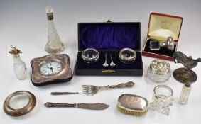 Hallmarked silver mounted items to include cased pair of glass salts, clock, dressing table