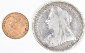 1894 Queen Victoria veiled head crown, F, together with an 1886 farthing, older young head near