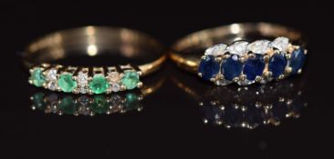 A 14k gold ring set with sapphires and diamonds and a 9ct gold ring set with emeralds and