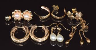 Six pairs of 9ct gold earrings, two pairs set with faux pearls, 8.7g