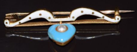 Victorian 18ct gold brooch set with white and turquoise enamel and glass, with compartment verso, in