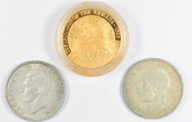 Destruction of the Armada 1588 - 1988 gold plated commemorative crown, together with a 1945