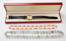 Coral and pearl necklace with 9ct gold clasp, fluorite necklace and a Rotary wristwatch