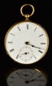Yellow metal keyless winding open faced pocket watch with inset subsidiary seconds dial, blued