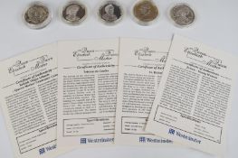 Five silver proof Queen Mother's centenary commemorative crown sized coins in capsules, to include