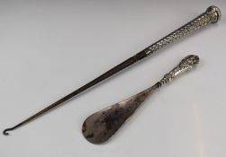 Victorian hallmarked silver handled long button hook, marks indistinct but appear to be Birmingham