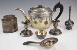 Danish silver and silver plate comprising silver tea strainer and stand with early 20thC silver