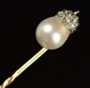 Victorian 9ct gold stick pin set with a faux pearl and foiled rose cut paste in the form of an acorn