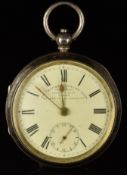 Kendall & Dent hallmarked silver open faced pocket watch with gold hands, black Roman numerals,