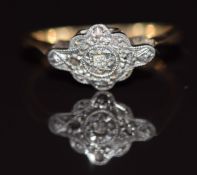A 9ct gold ring set with diamonds in a platinum setting (damaged), 1.8g