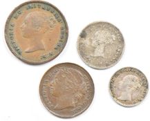 1838 Queen Victoria Maundy twopence and an 1873 Maundy penny, together with an 844 half farthing and