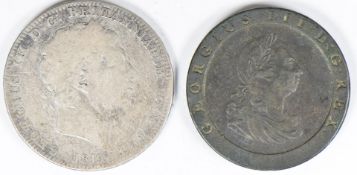 1797 George III cartwheel penny, VF, together with an 1819 crown, F