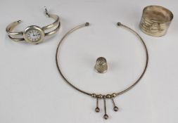 Hallmarked silver cased Roy King wristwatch, hallmarked silver napkin ring, necklace marked 925