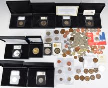 Collectable coins, some slabbed, to include 2016 1oz silver Britannia, five various 50p pieces, 2009