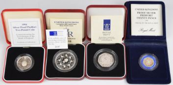 Four Royal Mint silver proof coins comprising three piedforts 1982 20p, 1992 50p and 1994 £2 and a