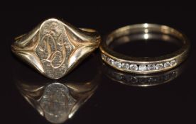 A 9ct gold signet ring and a 9ct gold half eternity ring set with diamonds, 5.2g, size J & K