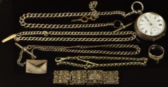 SIlver open faced pocket watch together with four chains, a filigree bracelet and buckle ring.