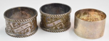 Three hallmarked silver napkin rings including a pair, London 1905, maker William Hutton & Sons Ltd,