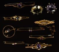 Eight c1900 9ct gold brooches set with amethysts, paste and seed pearls (17.g) and two silver