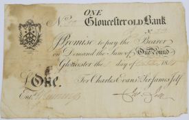 Gloucester Old Bank 1814 provincial Georgian one pound banknote, serial number 50, for Charles Evans