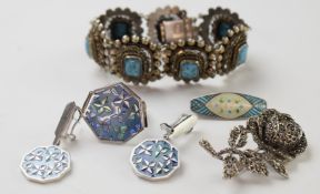 A silver ring and earrings set with Daniel Vior enamel, silver bracelet 800 and two brooches