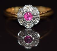 Art Deco 18ct gold ring set with a ruby and diamonds, 2.7g, size K