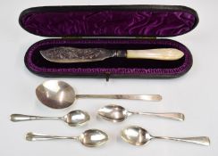 Four hallmarked silver coffee spoons, unmarked spoon and a Victorian hallmarked silver and mother of