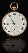 Unnamed 14ct gold keyless winding open faced pocket watch with inset subsidiary seconds dial,