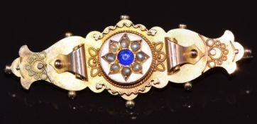 A 9ct gold brooch set with paste and seed pearls, Chester 1913, 3g 4.4x1.7cm