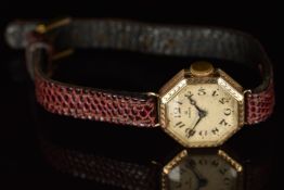 Rolex Art Deco 9ct gold ladies wristwatch with blued hands, black Arabic numerals, silver dial,