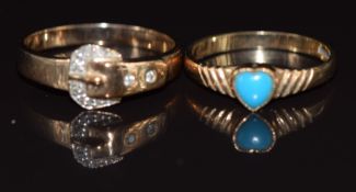 Two 9ct gold rings, one in the form of a buckle set with diamonds and the other a heart shaped