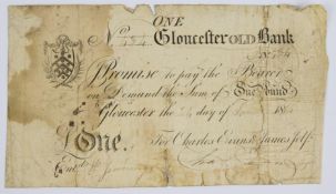 Gloucester Old Bank 1814 provincial Georgian one pound banknote, serial number 434, for Charles