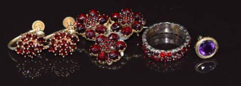 Victorian Bohemian cut garnet brooch, ring and earrings and a fob set with an amethyst