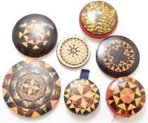 Sewing, needlework and embroidery interest Tunbridge ware, Fern and bone pin wheels and cushions for