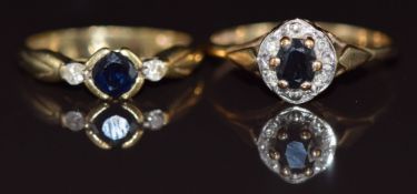 Two 9ct gold rings each set with a sapphire and diamonds, 3.4g, size J & P