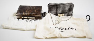 Two LK Bennett ladies clutch bags, one faux snakeskin with brass fittings, the other diamanté
