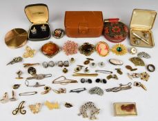 A collection of brooches including micro mosaic, Victorian and vintage, mother of pearl pendant,