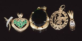 Five 9ct gold pendants, including one set with emeralds, one with diamond and one ammonite, and a St
