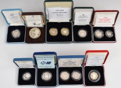 Eight Royal Mint and one Birmingham Mint silver proof and silver cased coins and sets including 1986